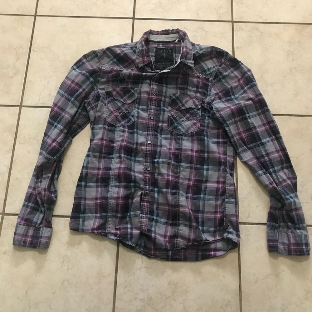 Guess Men's Casual Plaid Shirt - Black, Blue, Purple EUC